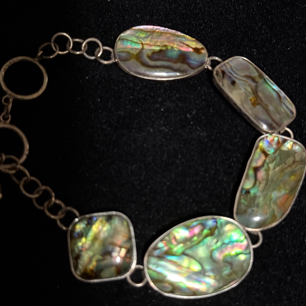 925 Sterling Silver WaterMarked Abalone Geometric Toggle Clasp Link Bracelet